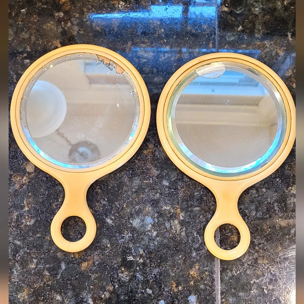 Pair of Antique Round Handled Cream Celluloid Vanity Hand Mirrors